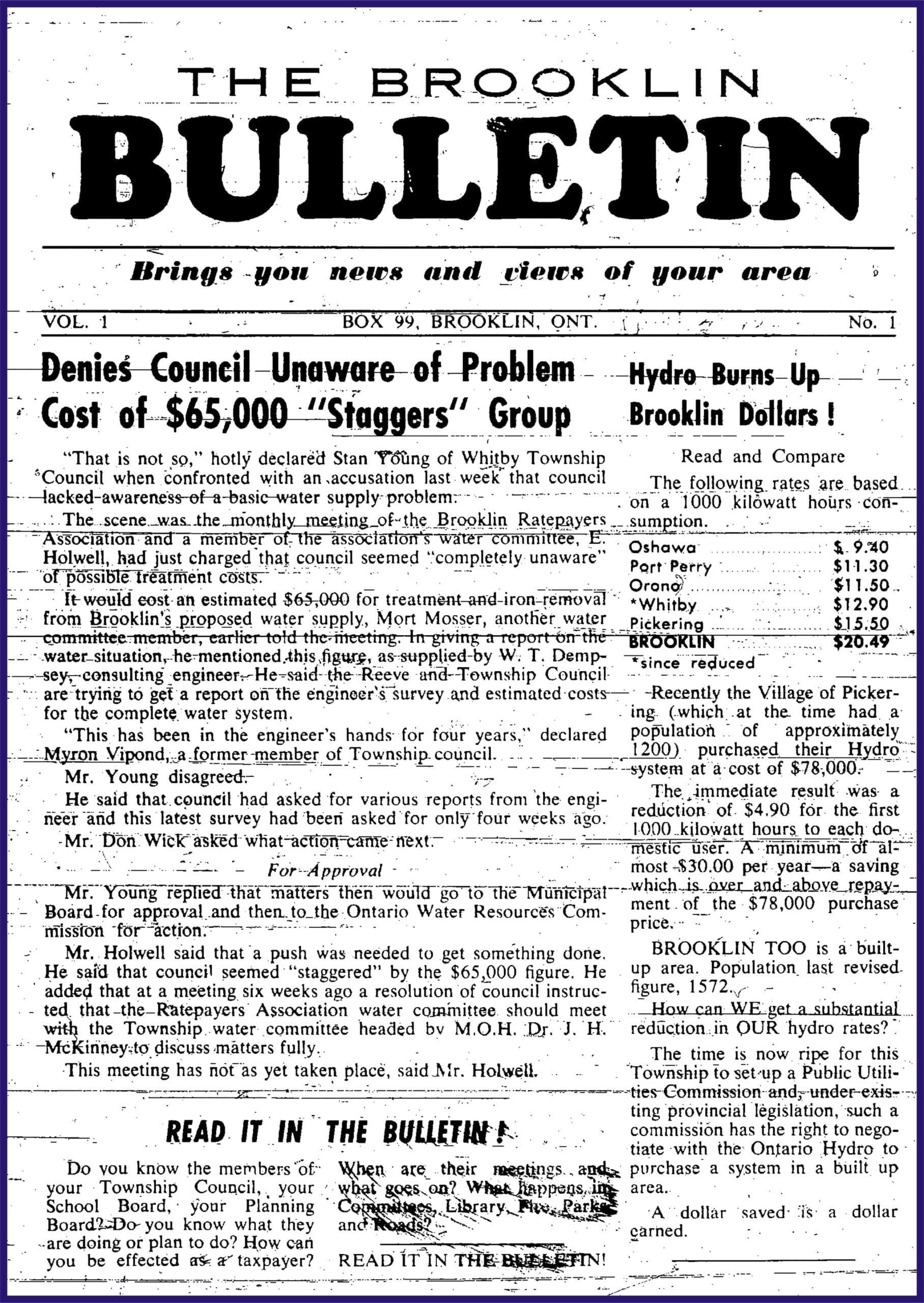 The Brooklin Bulletin Newspaper vol 1, issue 1, 1958